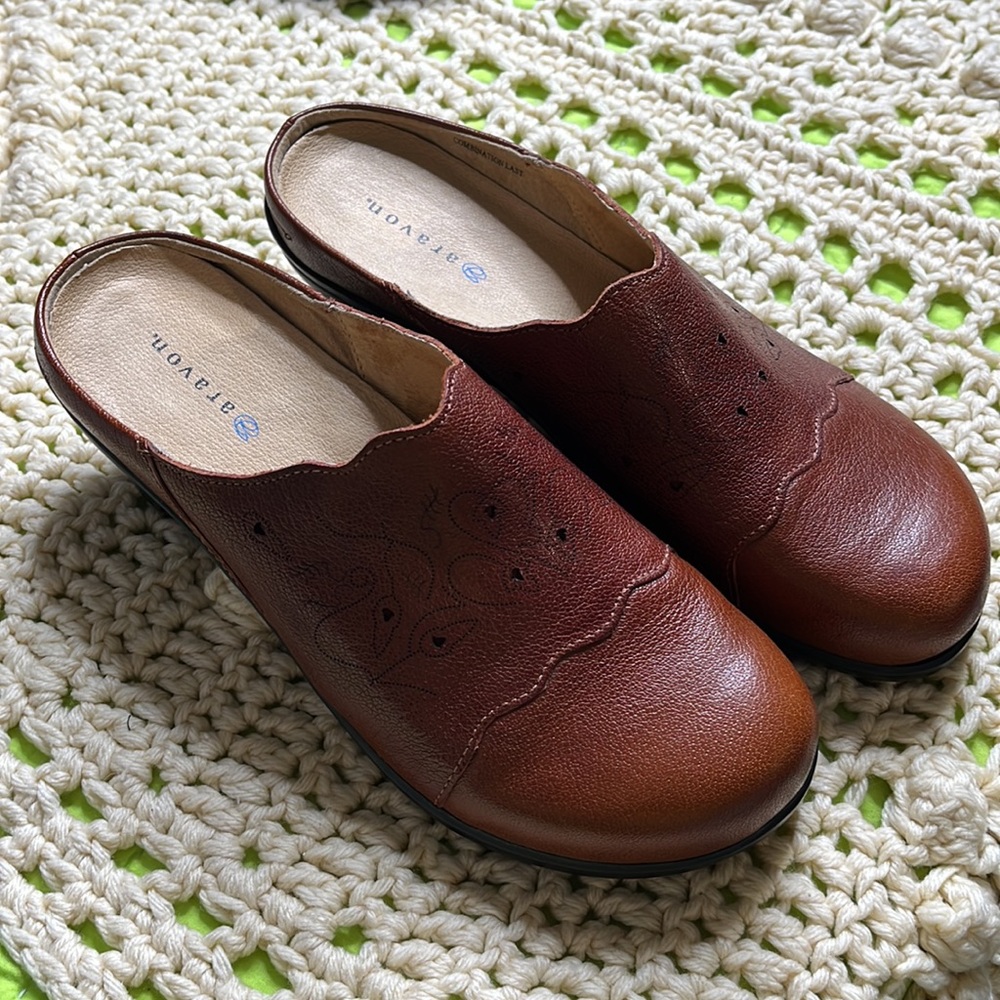 Aragon leather tooled perforated slip on clog loafer rust brown color